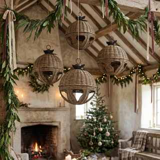 Oversized Hand-Woven Rattan Bell with Metal Leaves