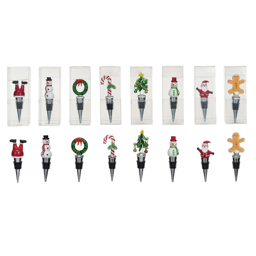 Holiday Bottle Stopper with Hand Painted Glass Holiday Design - Choose Style