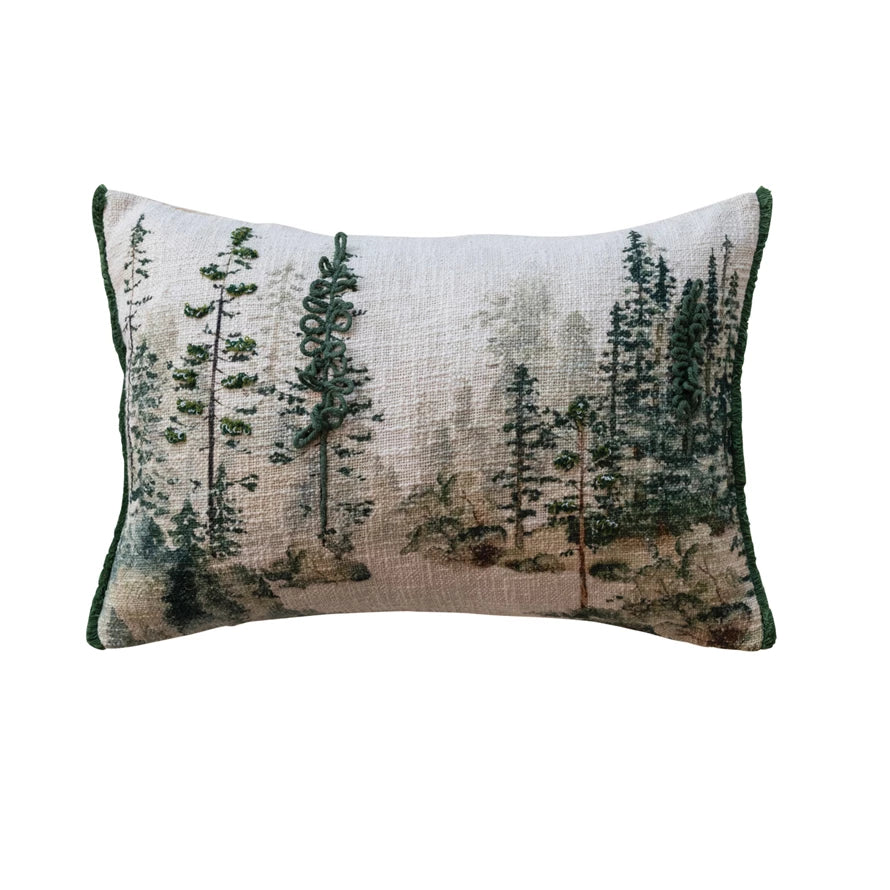 20" Embroidered Winter Scene Pillow