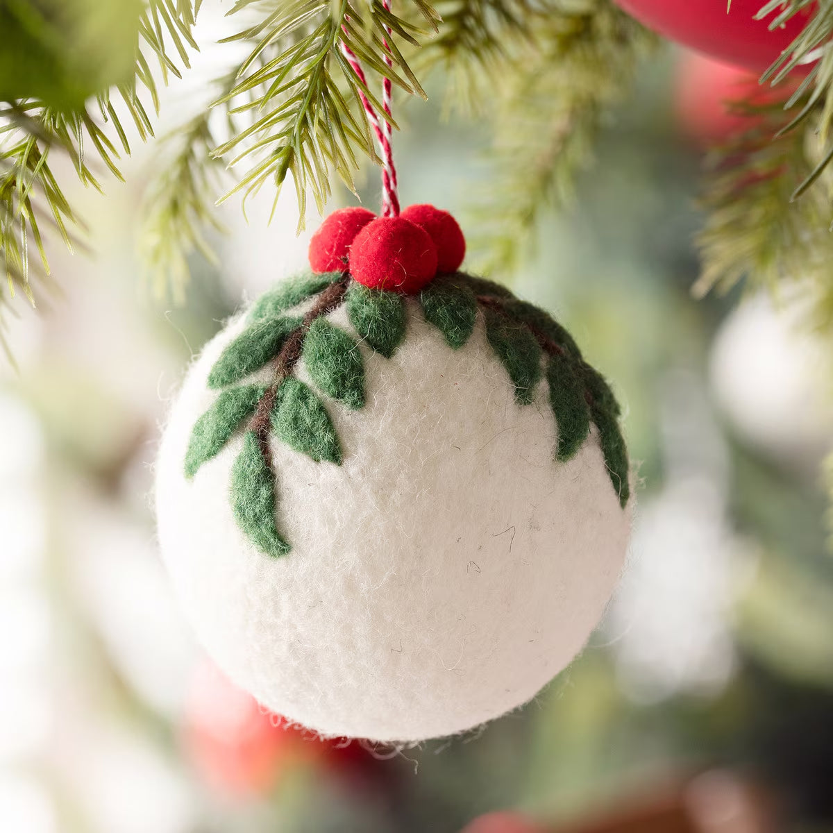 Wool Ball Ornament with Holly Top