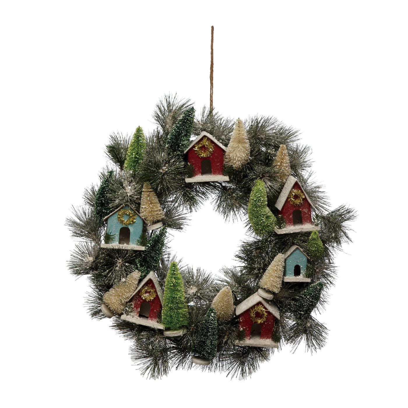 24" Holiday Pine Wreath with Vintage Style Houses and Sisal Trees