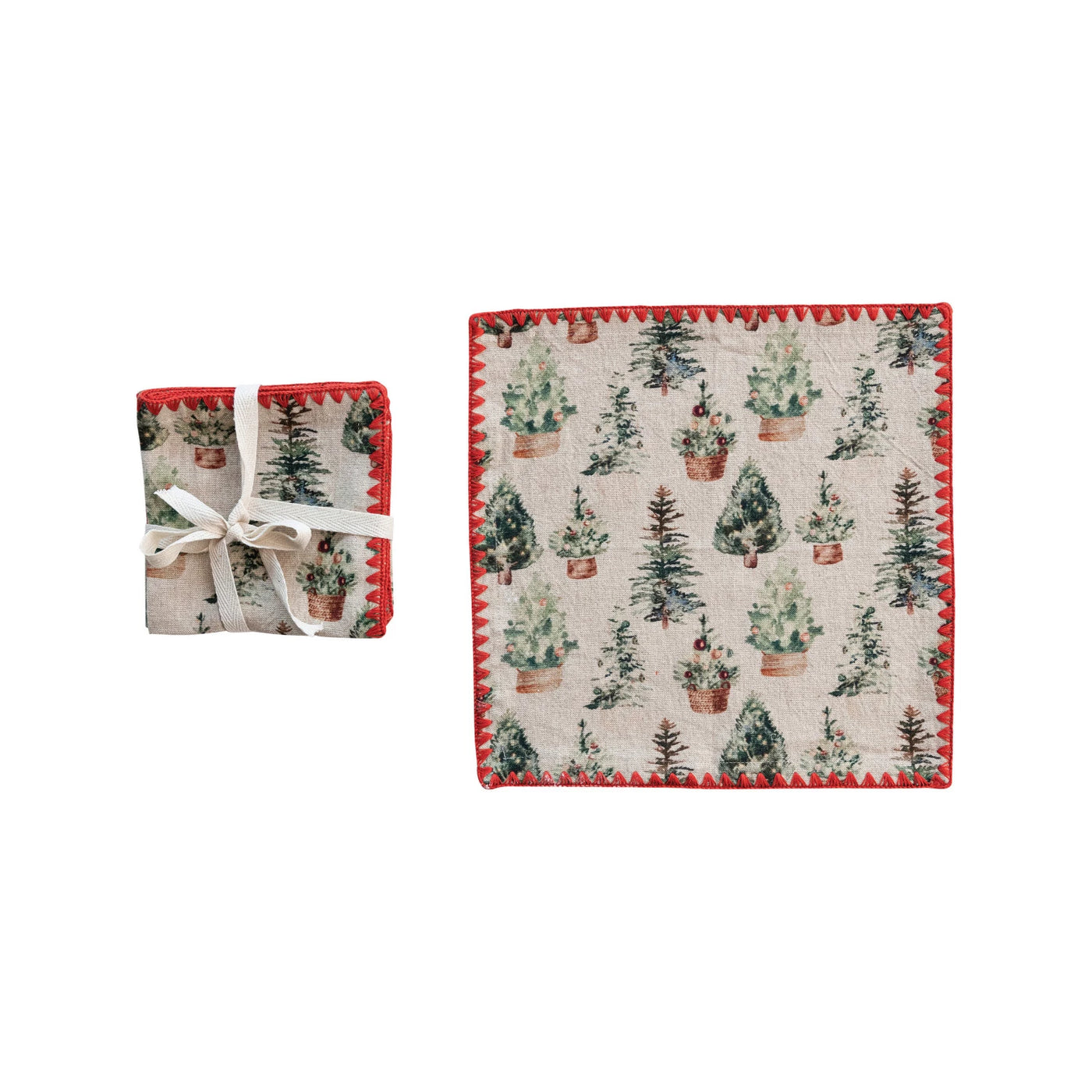 Set of 4 Cotton Red Stitch Tree Napkins