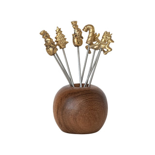 Mango Wood Holder with 8 Appetizer Picks