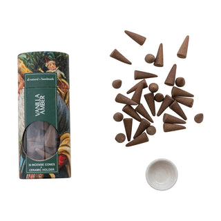 30 Piece All Natural Vanilla Amber Scented Incense Cones with Incense Holder