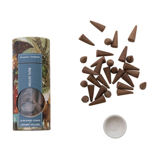 30 Piece All Natural Mulled Wine Scented Incense Cones with Incense Holder