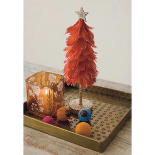 Gold Finish Feather Tree with Star, Glitter & Wood Base