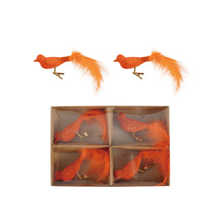 Boxed Set of 4 Hand-Painted Glass & Feather Clip-on Bird Ornaments - Orange