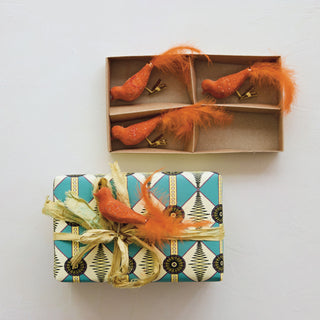 Boxed Set of 4 Hand-Painted Glass & Feather Clip-on Bird Ornaments - Orange