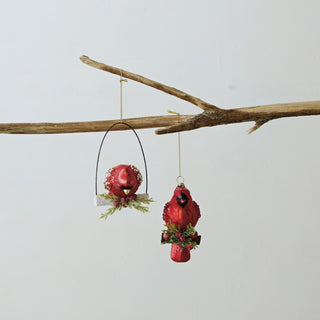 Hand-Painted Mercury Glass Cardinal on Branch Ornament - Choose Style