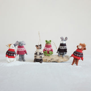 Wool Felt Animal in Sweater Ornament - Choose Style