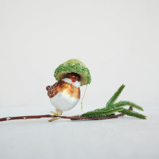Hand-Painted Glass Bird Clip-on Ornament with Wool Felt Mushroom Hat