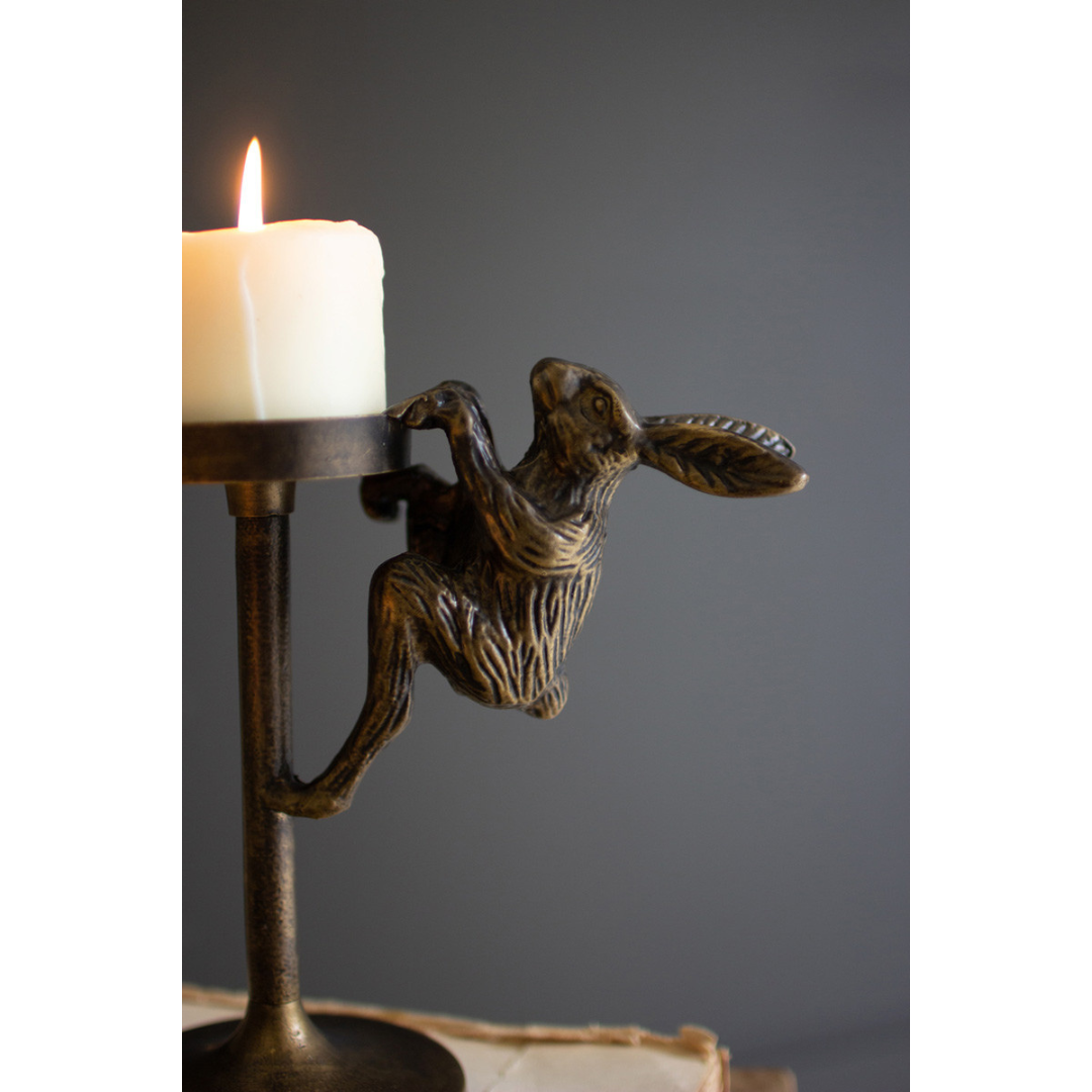 Set of 2 Antiqued Brass Rabbit Candle Holders