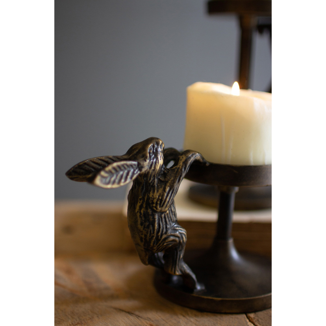 Set of 2 Antiqued Brass Rabbit Candle Holders