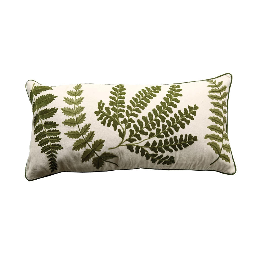 Embroidered Fern Fronds Lumbar Pillow