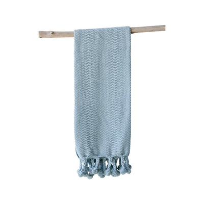 50"x60" Aqua Blue Cotton Throw Blanket with Pom Pom Tassels