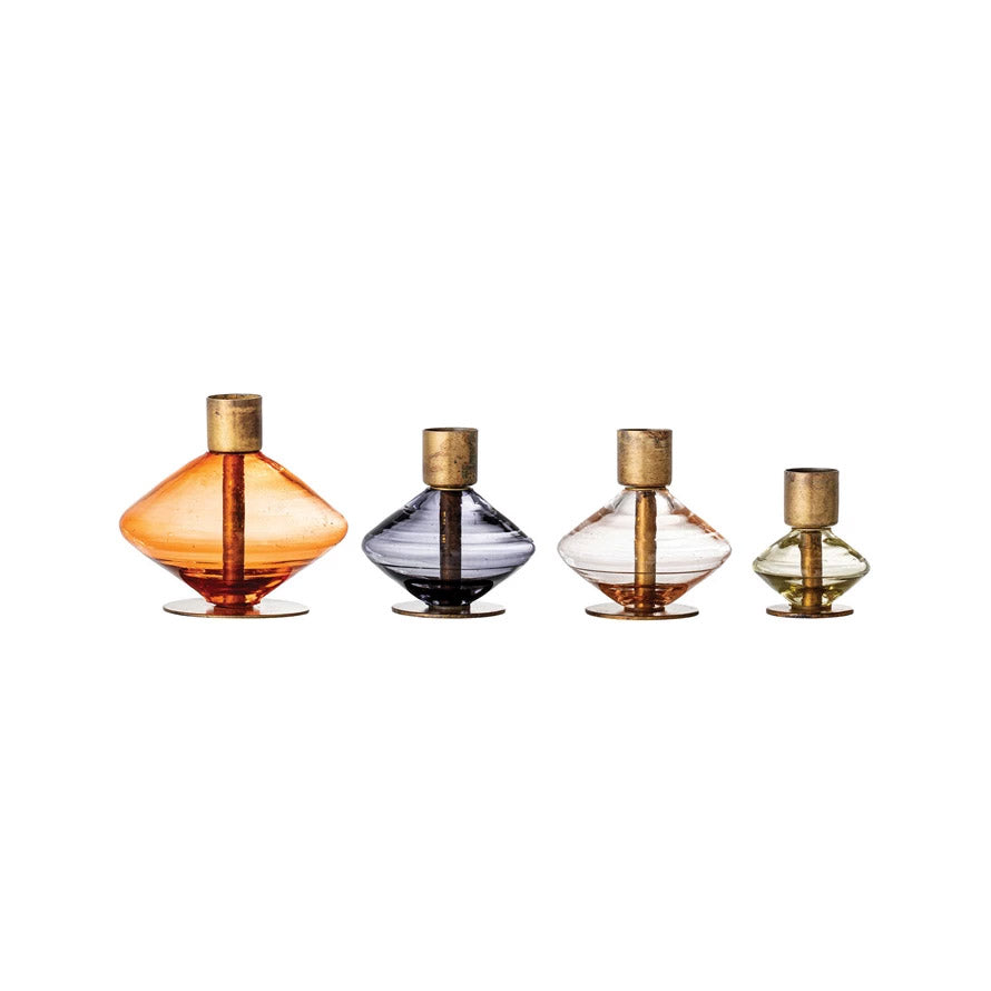 Set of 4 Glass and Brass Taper Candle Holders