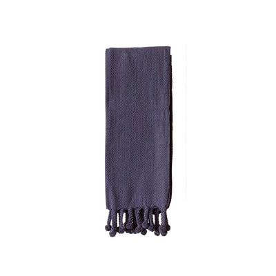 50"x60" Navy Blue Cotton Throw Blanket with Pom Pom Tassels