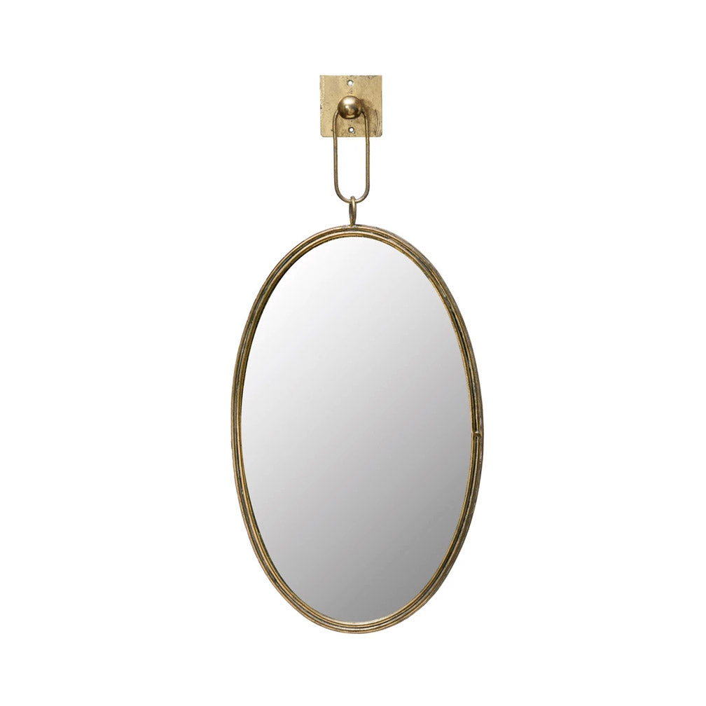 Oval Metal Framed Wall Mirror w- Bracket Antique Gold Finish