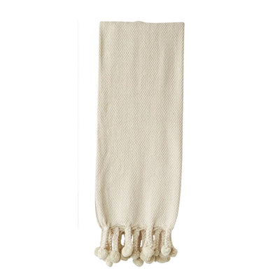Ivory Cotton Throw Blanket with Pom Pom Tassels