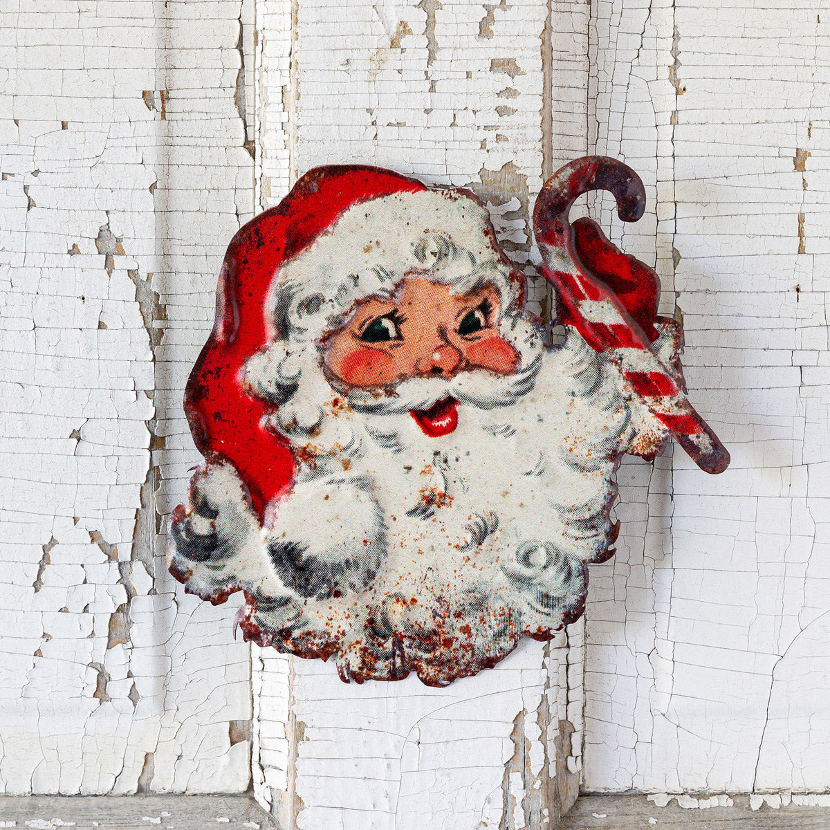 Retro Santa With Candy Cane Metal Sign