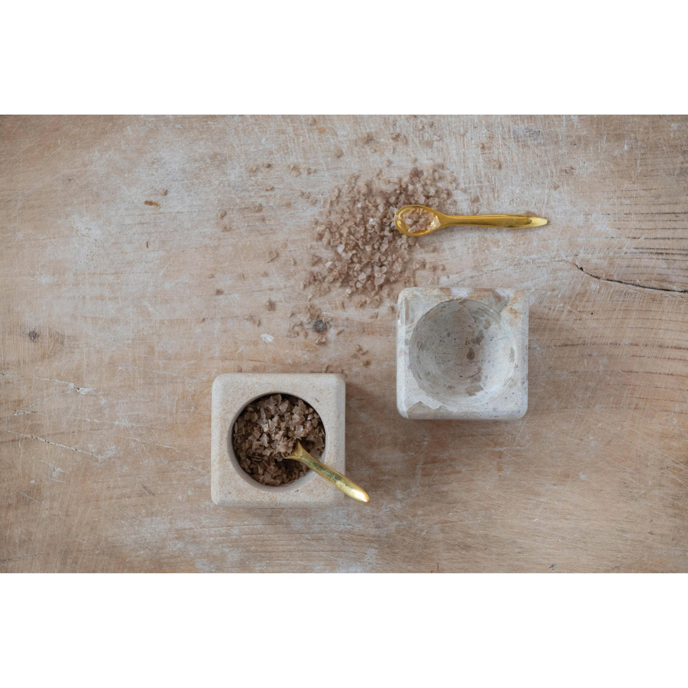 Set of 2 Marble and Sandstone Pinch Pots with Brass Spoon