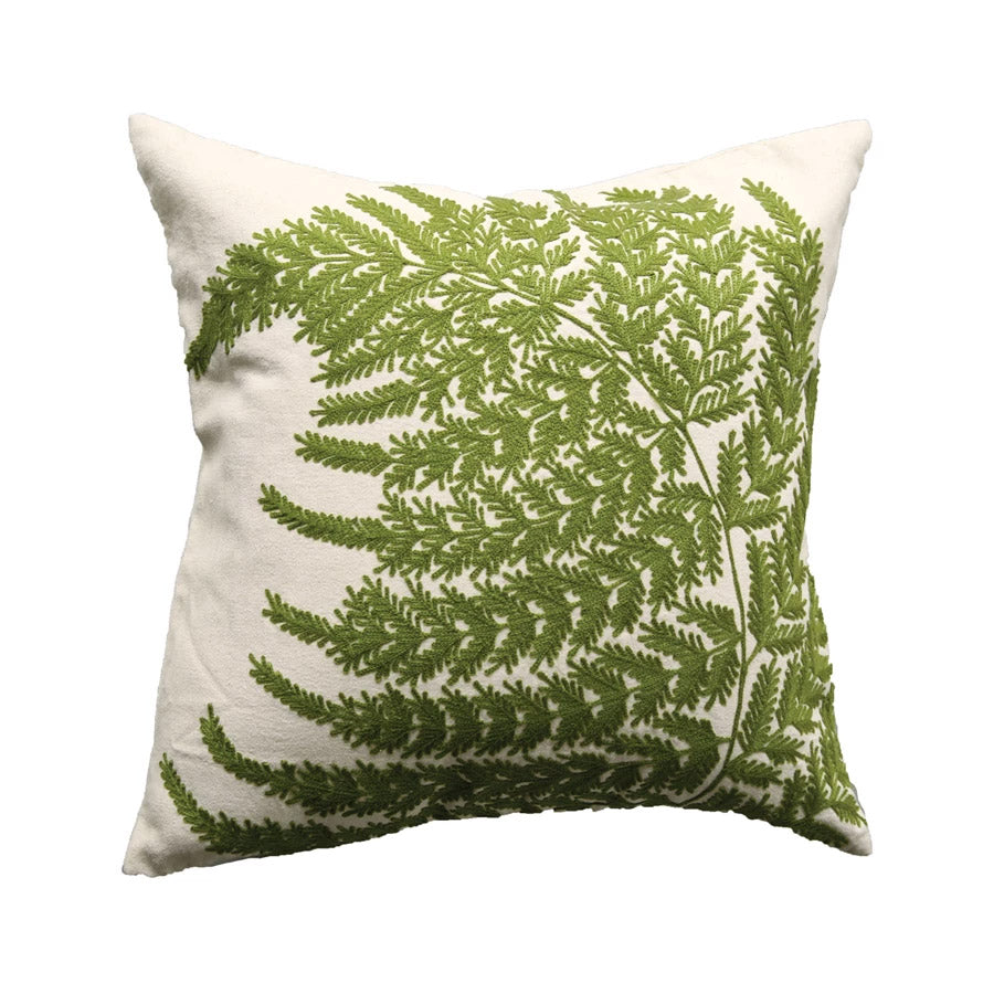 20" Embroidered Fern Fronds Pillow with Down Fill