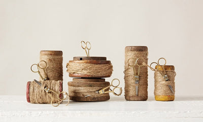 Found Wooden Spools with Jute and Scissors, Set of 2