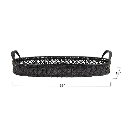 32" Hand-Woven Rattan Tray w- Handles, Black - Backordered
