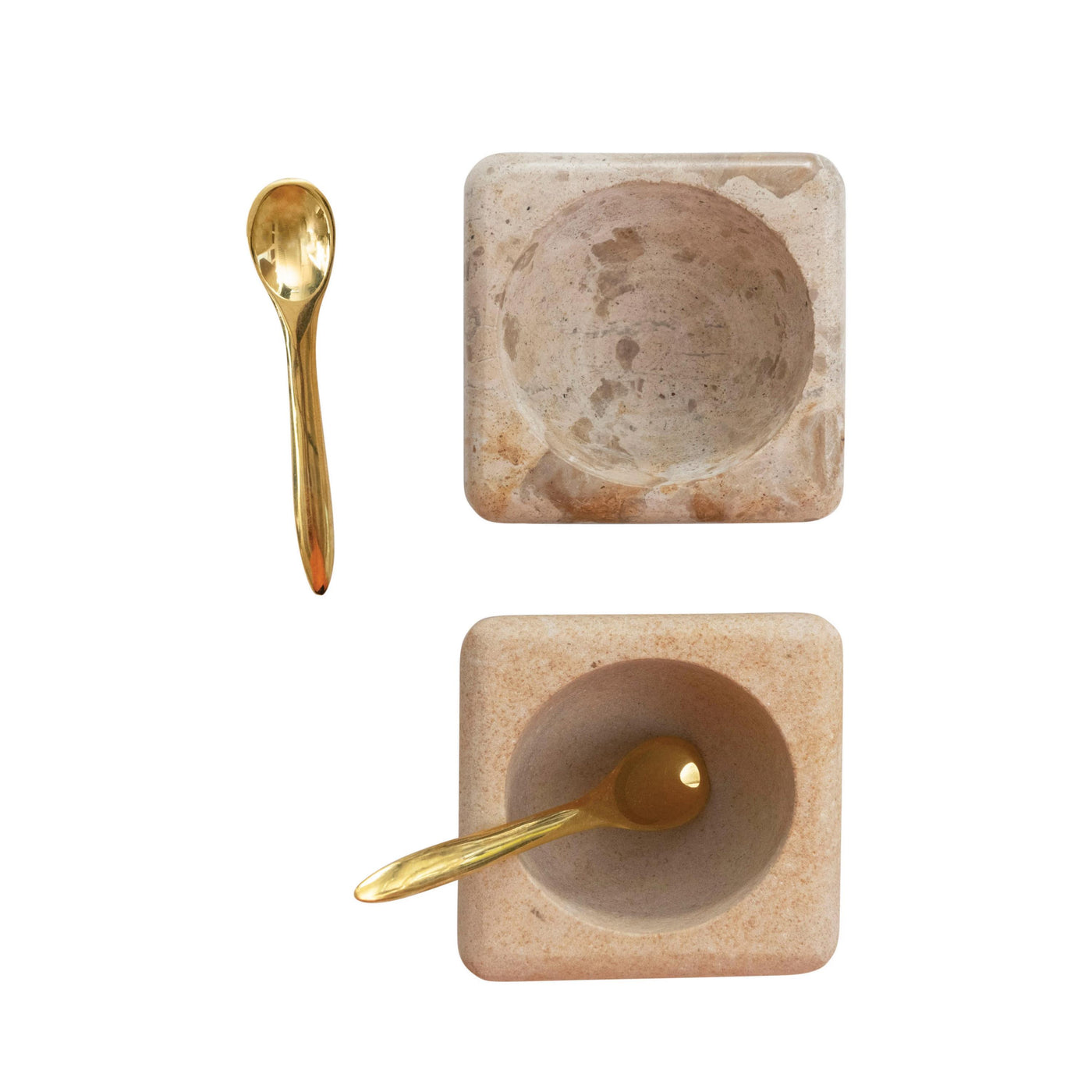Set of 2 Marble and Sandstone Pinch Pots with Brass Spoon