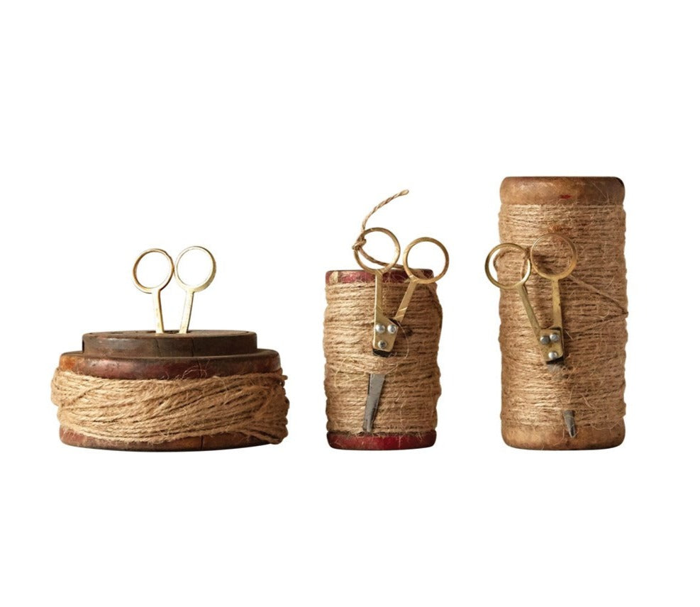 Found Wooden Spools with Jute and Scissors, Set of 3