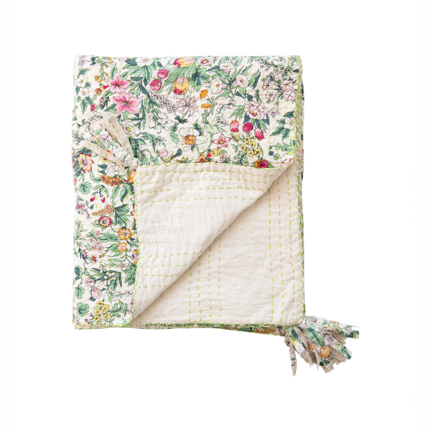 Kantha Stitch Floral Throw Blanket with Tassels