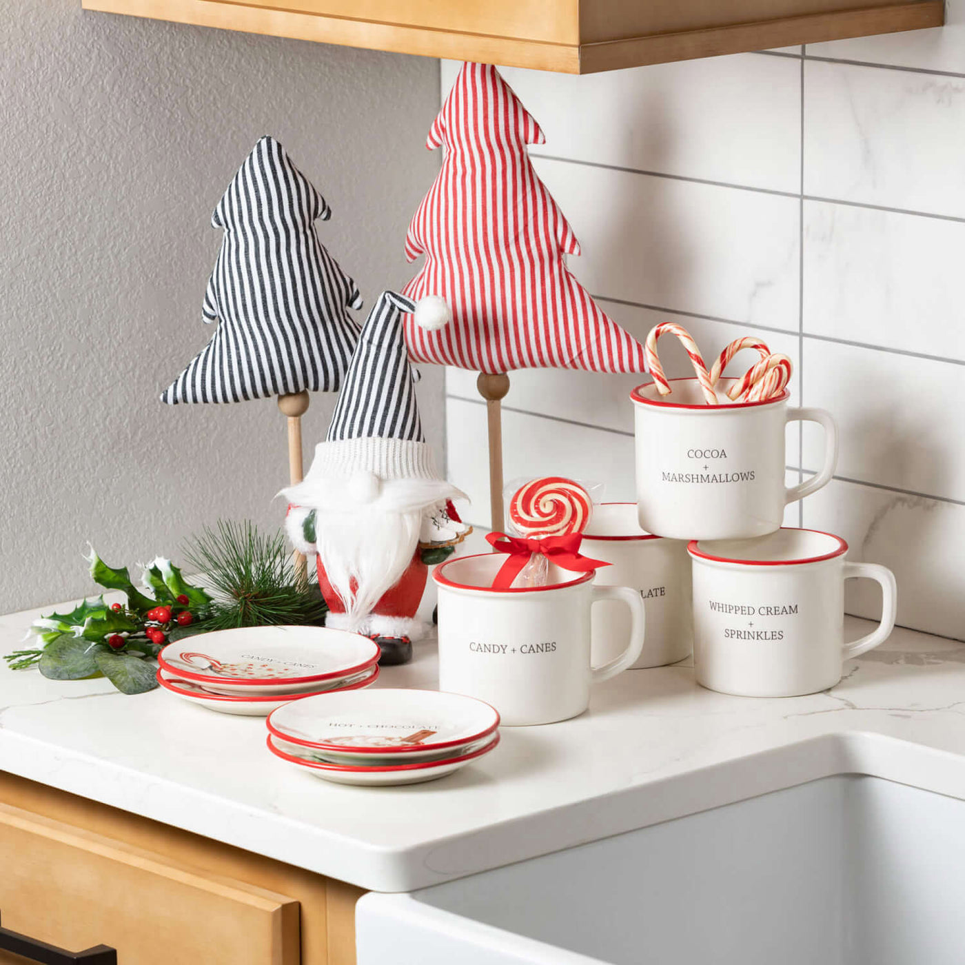 Set of 4 Red and White Holiday Mugs