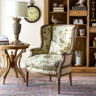Flourish Pattern Wood Framed Wing Chair- More Coming Soon!
