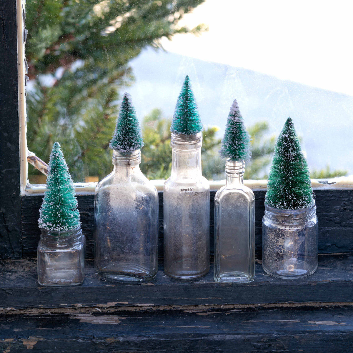 Set of 5 Vintage Mini Bottle Brush Tree Topped Bottles