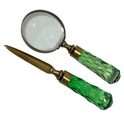 Green Glass Handled Magnifier and Letter Opener Desk Set