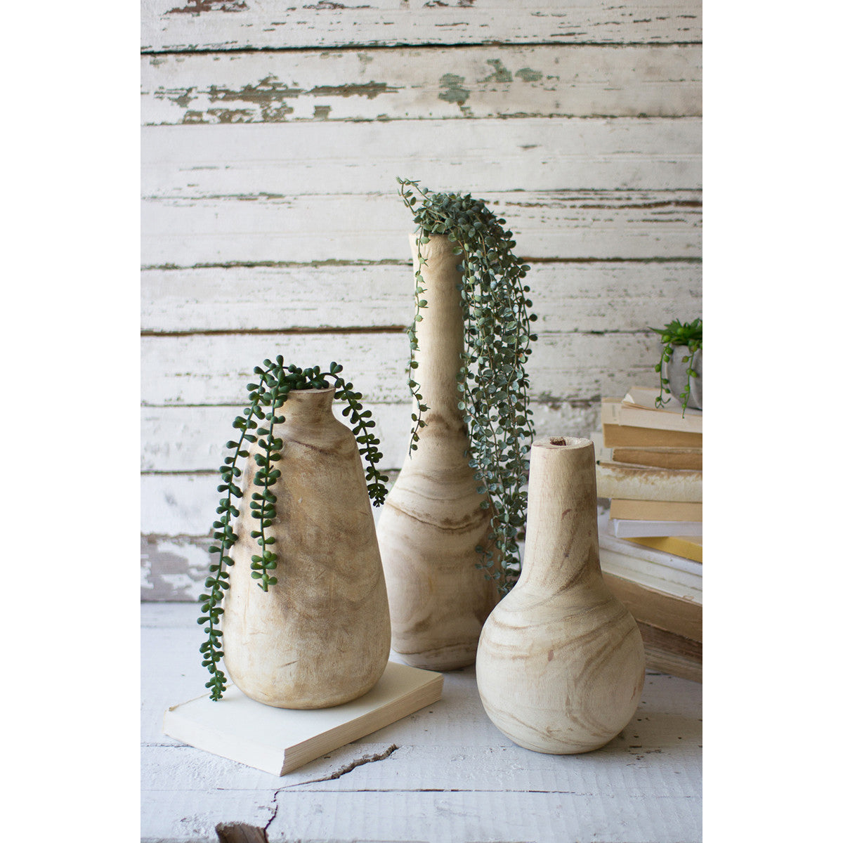 Set of 3 Hand Carved Tall Wood Bottle Vases